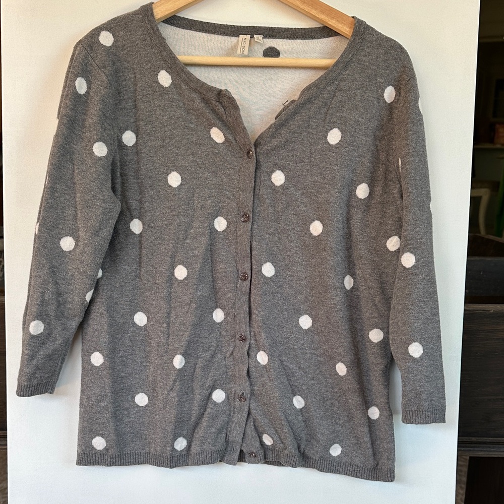 Madison Gray and White Polka Dot Cardigan 100 % cotton